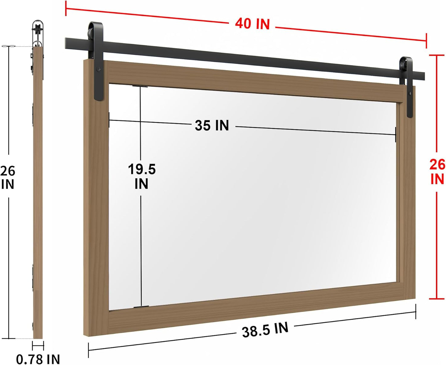 Large Brown Bathroom Mirror, Farmhouse Horizontal Rustic Square Mirror for Wall Wood Framed Vanity Mirrors, Barn Door Style Decor Living Room Entryway Bedroom Mirrors, 40x26INCH