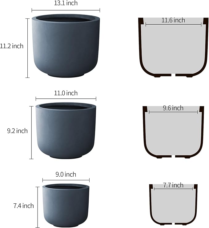 Kante 13",11",9" Dia Round Concrete Large Plant Pots Outdoor Indoor Planters Bowl with Drainage Hole for Patio, Set of 3,Charcoal