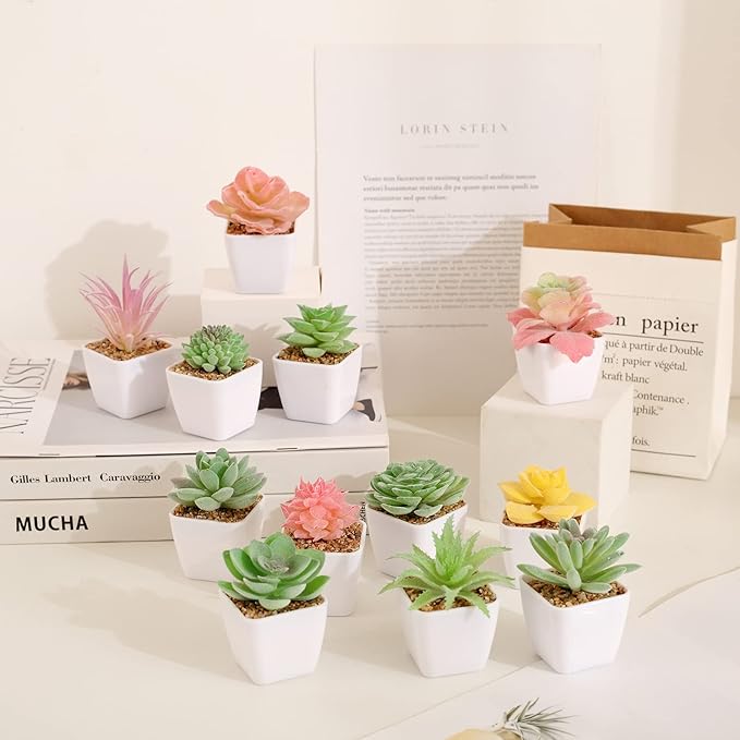 Tiita 24 Set Artificial Faux Succulents in Pots Fake Plants Plastic Arrangement Planter Small Mini Tiny Decoration for Home Office Desk Window Sill Bathroom Bedroom Outdoor Indoor