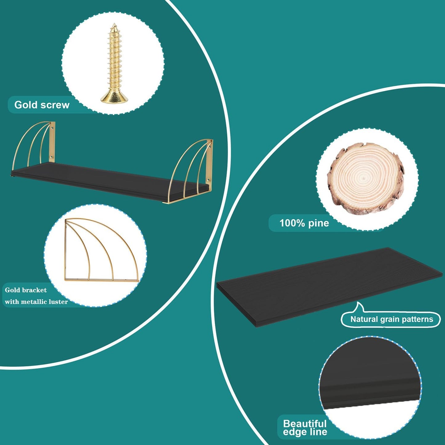 Black Floating Shelves Pine Wood 23.5×7.87 Inch Black Floating Bookshelf with Elegant Lines,Long Gold Shelves,Black and Gold Floating Shelves for Floating Book Shelf Set of 2.