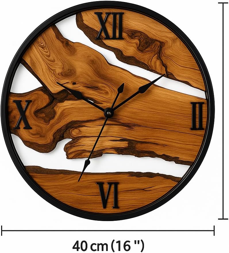 lagom Olive Wood Wall Clock – Large Handmade Silent Wooden Clock with Metal Frame, Rustic Wall Hanging Decor for Living Room, Bedroom, Office – Unique Gift for New Home (Olive Wood, 16 inches)
