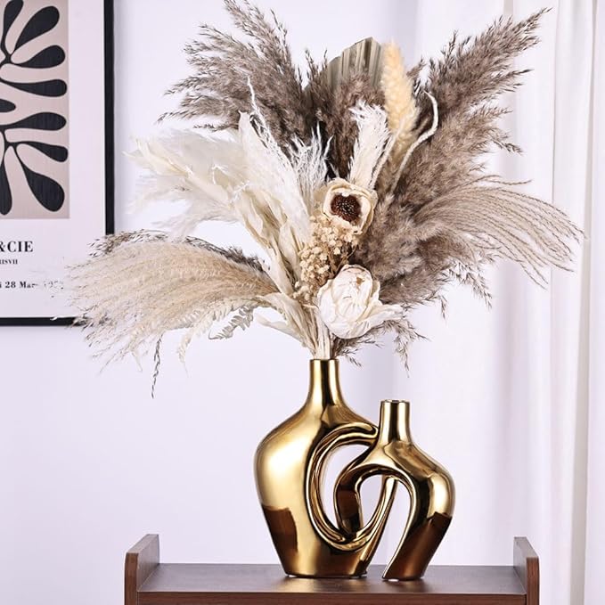 Gold Hollow Ceramic Vases Set of 2 - Modern Nordic Boho ins Style Decor Vases, Pampas Grass Flower Vases for Wedding, Living Room, Office, Entrance, Dining Table Decor Centerpieces