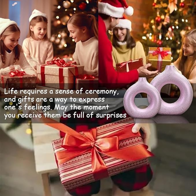 Set of 2 Donut Hollow Ceramic Vase Handmade Minimalist Boho ins Style, Modern Vase for Home Decor for Wedding Dinner Table Party Living Room Office Bedroom (Purple-Gold, Extra Large + Large)