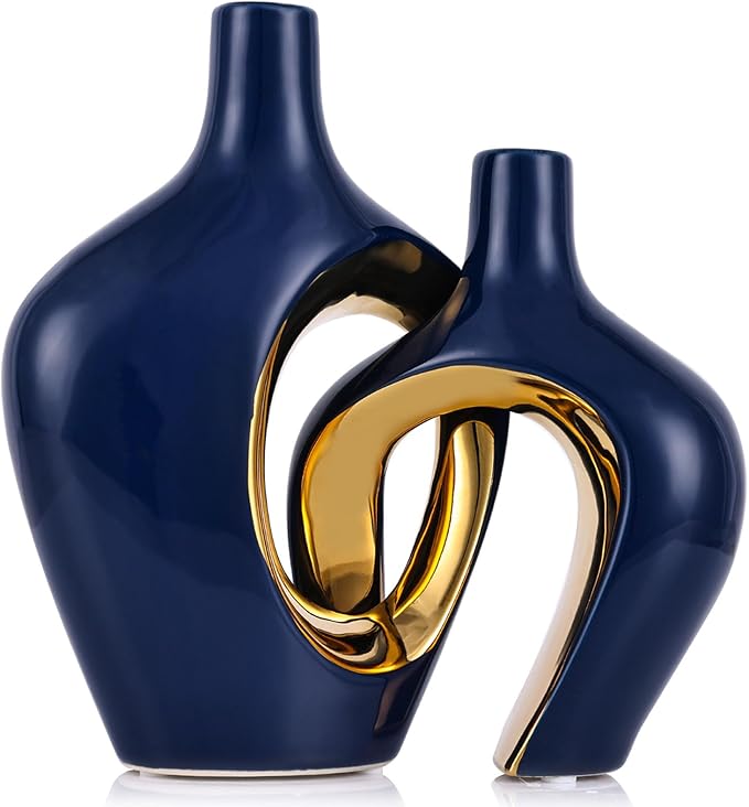 Blue Hollow Ceramic Vases Set of 2 - Modern Nordic Boho ins Style Vases for Decor, Decorative Pampas Grass Flower Vases for Wedding, Living Room, Office, Entrance, Dining Table Decor Centerpieces