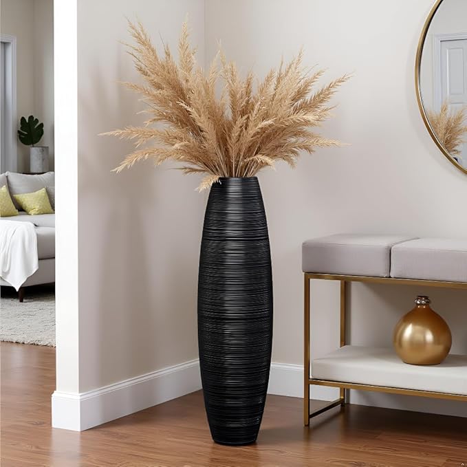Tall Floor Vase, 27.5 inches (70cm, 2.3FT) Floor Vase Sturdy, Luxury, Textured for Decorative Branches Dried Flowers, Tall Vases for Rustic Living Room, Home Decor, Resin Black Vases
