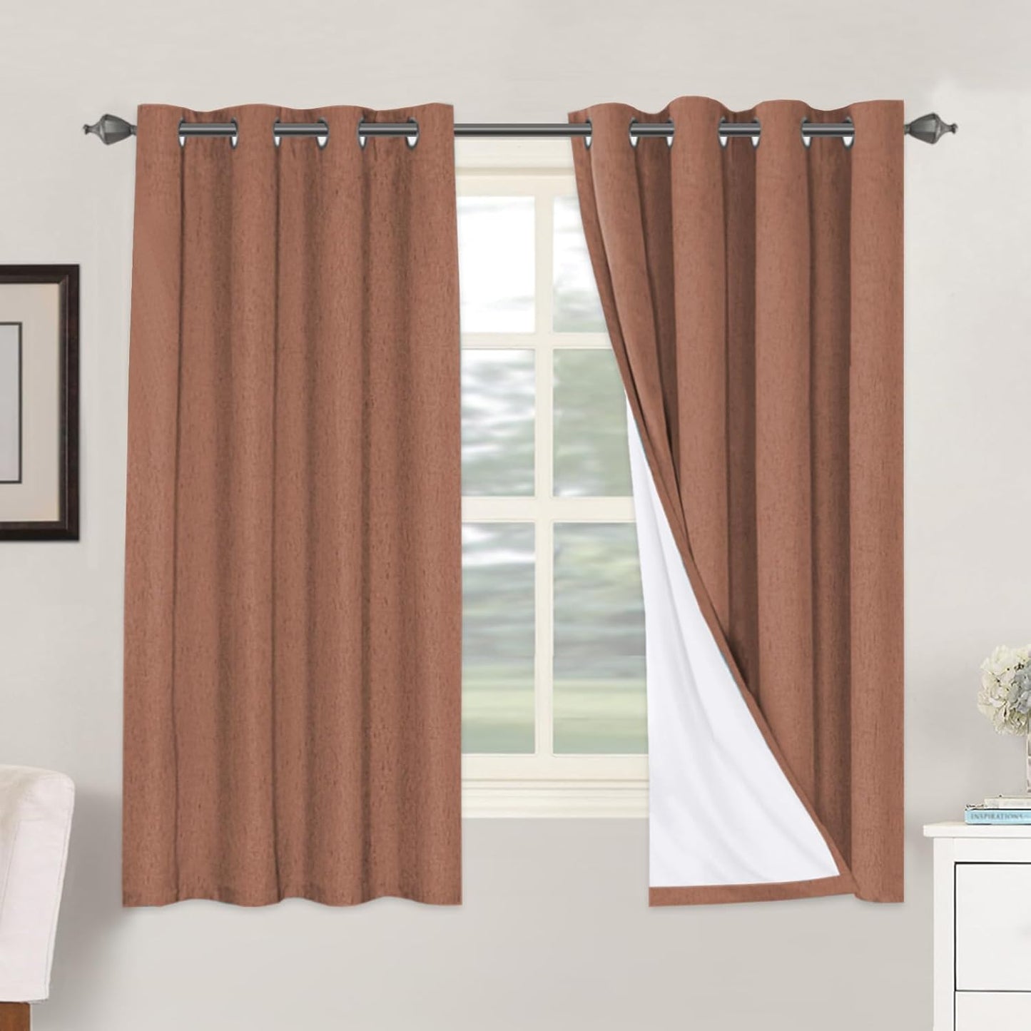 H.VERSAILTEX Linen Blackout Curtains 63 Inches Long 100% Blackout Thermal Insulated Textured Linen Look Curtain Draperies Anti-Rust Grommet, Energy Saving with White Liner, 2 Panels, Washed Spice