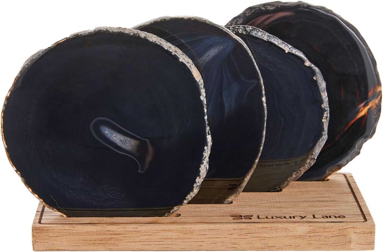 Luxury Lane Set of 4 Large Natural Brazilian Agate Slice Geode Rock Stone Drink Coasters with Wood Holder 4.3-4.7 inch Centerpiece Table Decoration, Black Space