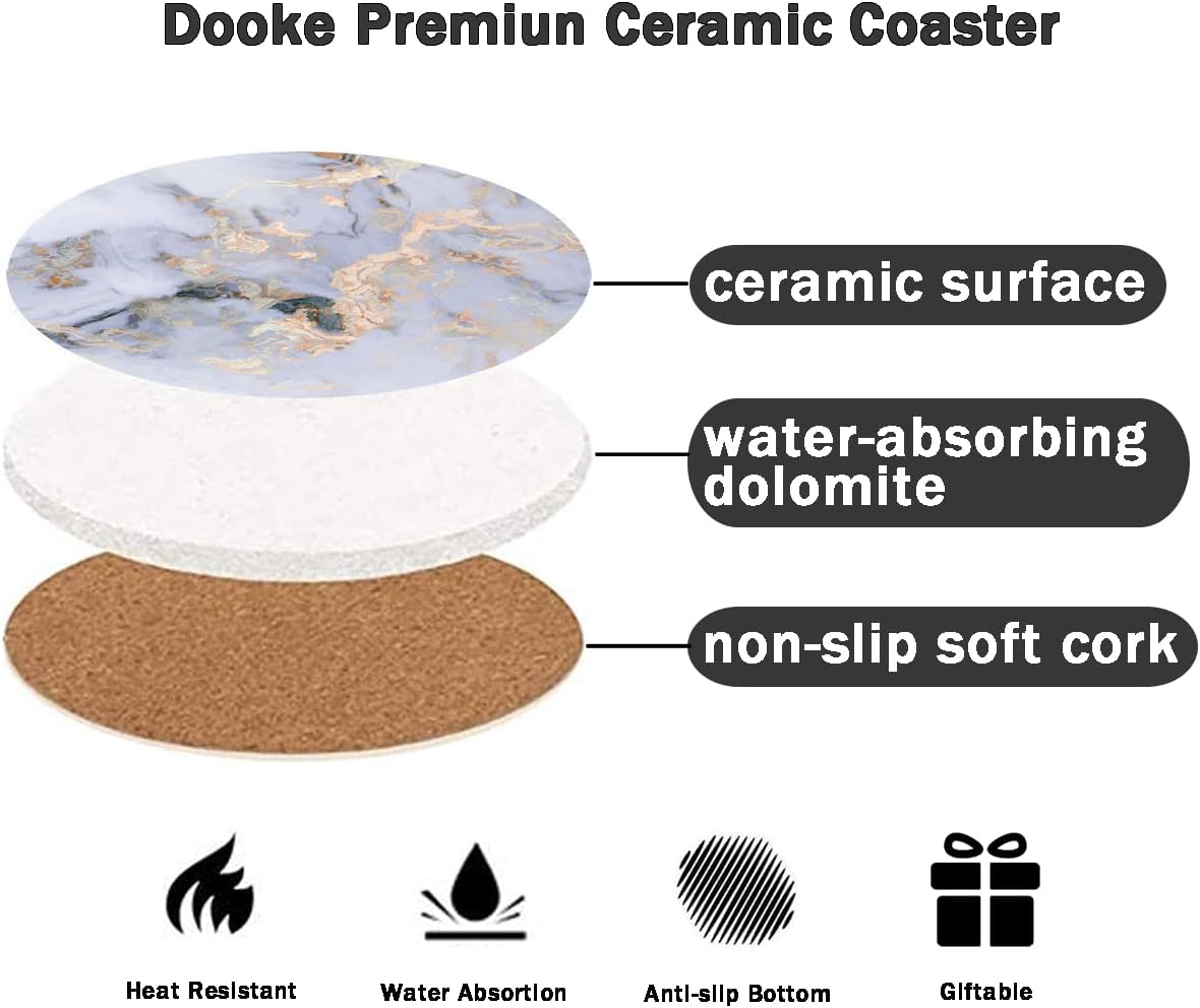 DOOKE Drink Coasters Set of 6, Round Absorbent Ceramic Stone Coasters with Cork Base, Funny Drink Coasters with Holder for Cold Drinks Wine Mugs and Cups, 4 Inch, Marble