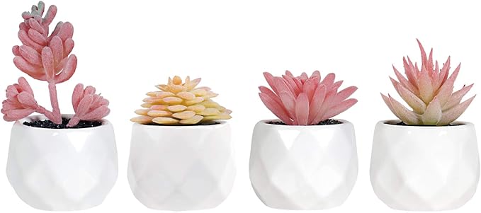 Tiita Artificial Faux Succulents in Pots, Pink Fake Plants Ceramic Arrangement Planter for Women Desk Small Mini Tiny Decoration for Home Office Desk Window 4 Set, Pink