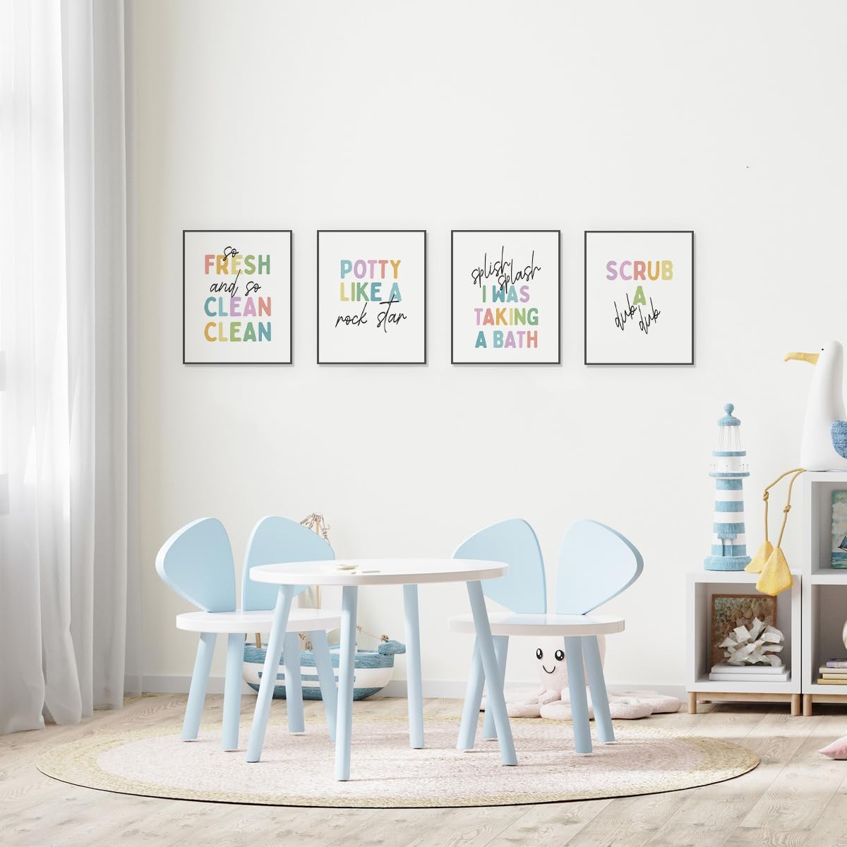 ETVISO Kids Bathroom Decor Set of 4, Toddler Bathroom Wall Decor Prints, So Fresh and Clean, 8x10 (Unframed)