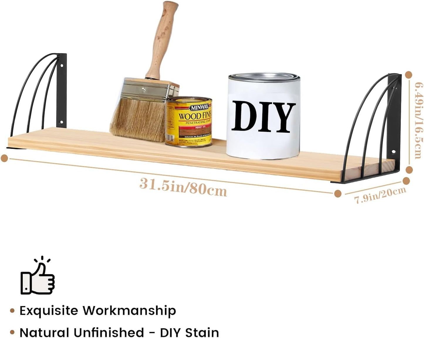 Floating Book Shelves for Wall,7.87" D x 31.5"" W Book Shelf for Wall Set of 2,Nature Wood Floating Shelves ,Long Rustic Unfinished Floating Shelves for Office,Bedroom - No Stain - Natural Unfinished