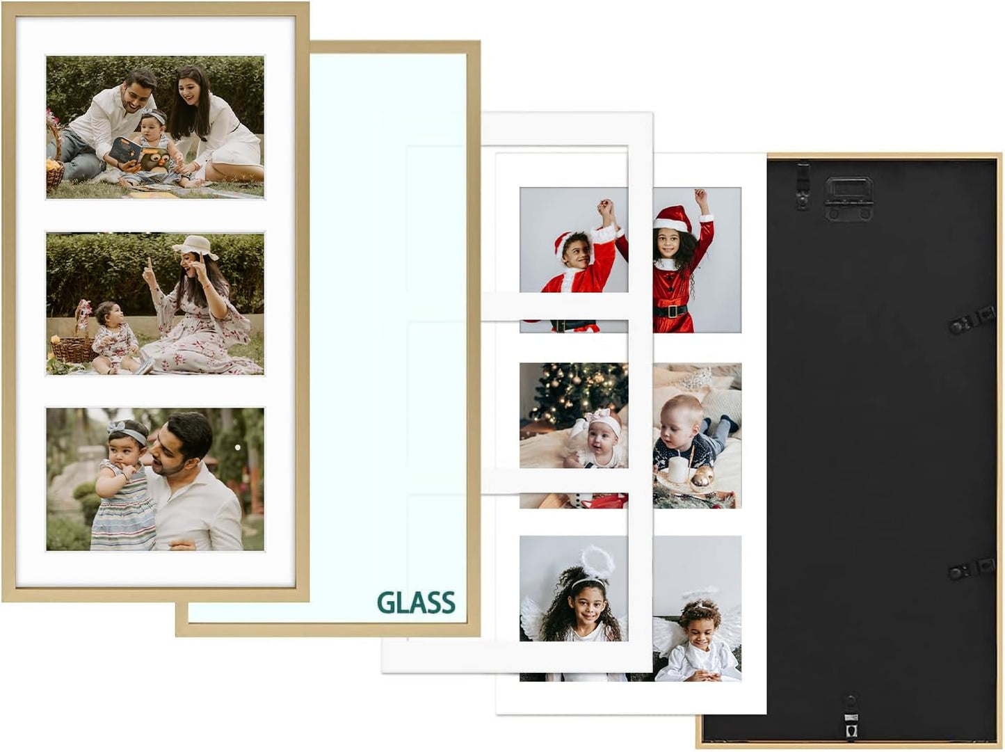 Frametory - 7x14 Aluminum Collage Picture Frame - Display 4x6 Pictures with 3 Openings Mat - Real Glass Front - Horizontal/Vertical Wall Mount - Gold 1 Pack