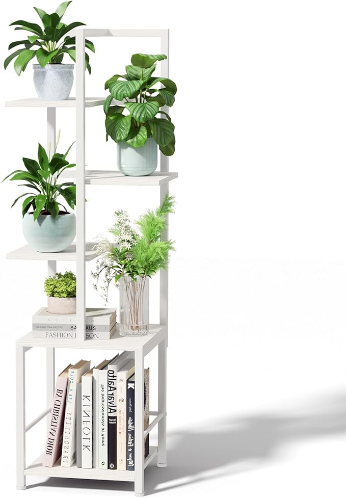 Plant Stand Indoor with Grow Light, 5-Tiered Tall Plant Stand Indoor, Metal Plant Shelf with Bookshelf Bookcase and Adjustable Light, Ideal for Living Room, Reading room, Garden, Patio (white)