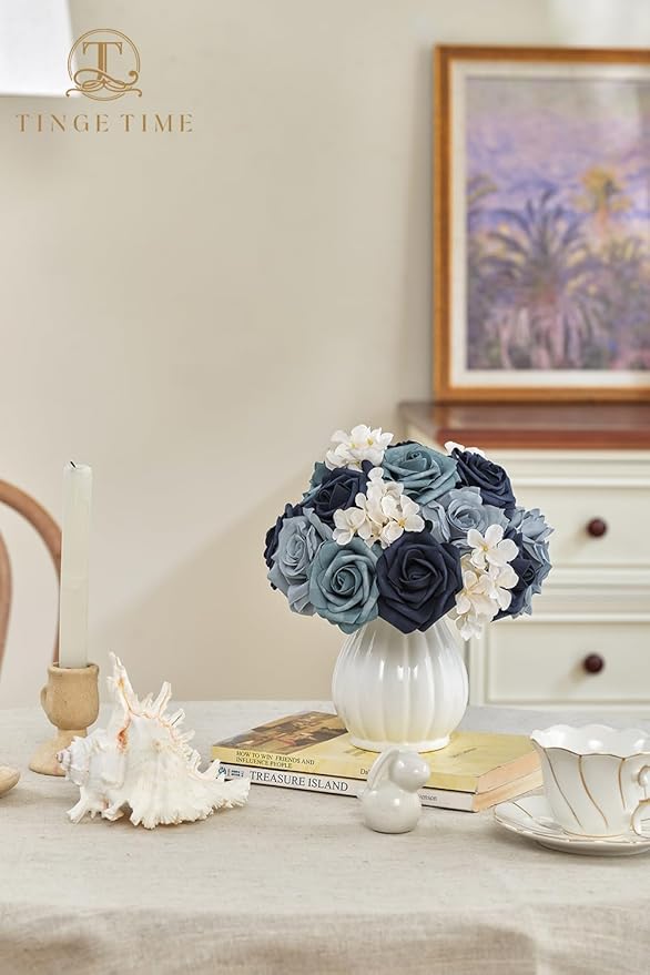 TINGE TIME Navy Blue Artificial Flowers Combo Box Set, Gradient Color Fake Flower Leaf with Stems for DIY Wedding Bouquets Table Centerpieces Baby Shower Home Party Floral Arrangements Decorations