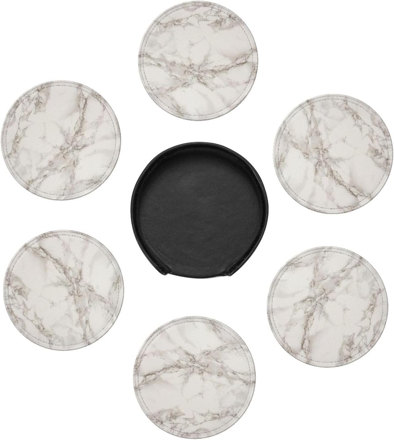 Drink Coasters with Holder Stand Set of 6, White Marble Texture Pu Leather Absorbent Coasters with Cork Base Table Round Coaster for Housewarming Apartment Kitchen Bar Decor