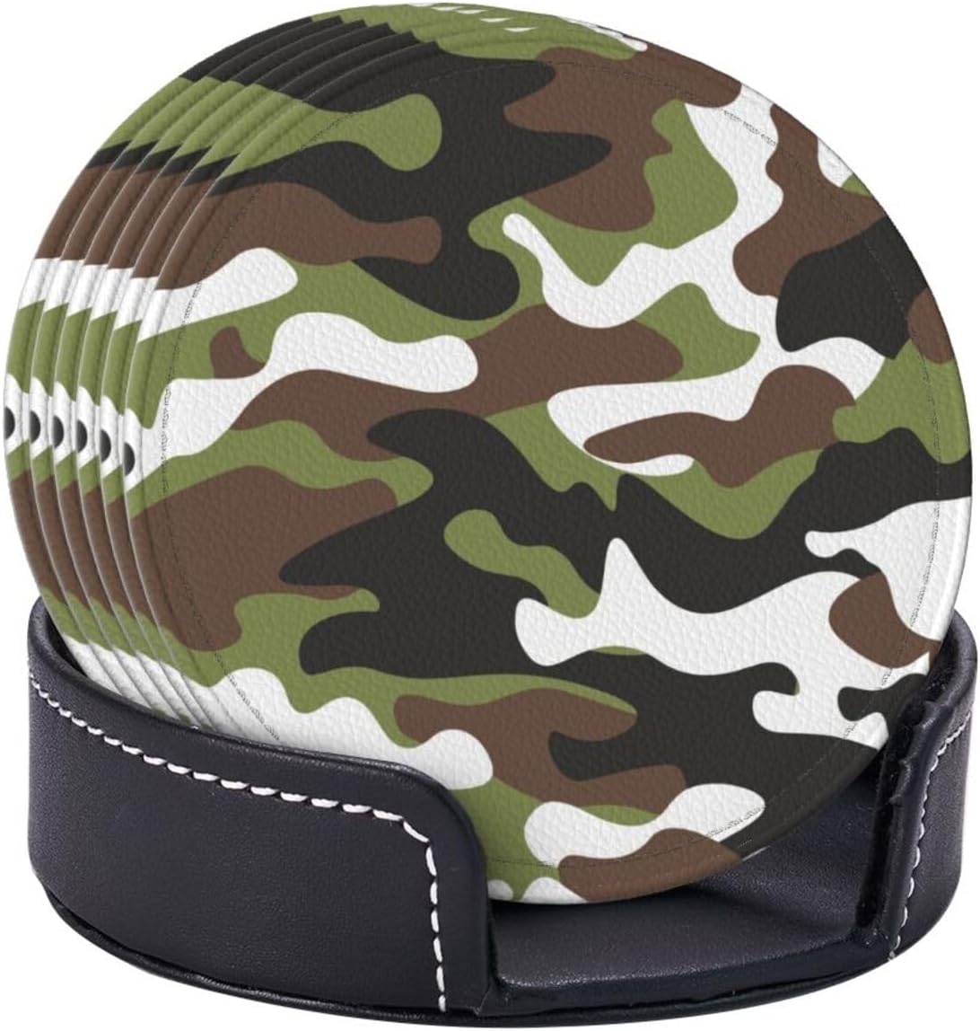 Drink Coasters with Holder Stand Set of 6, Camouflage Pu Leather Absorbent Coasters with Cork Base Table Round Coaster for Housewarming Apartment Kitchen Bar Decor