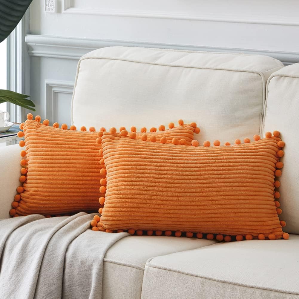 Fancy Homi Pack of 2 Fall Lumbar Decorative Throw Pillow Covers with Pom-poms, Soft Corduroy Solid Rectangle Cushion Cases for Couch Sofa Bed Living Room, Fall Home Decor (14x24 Inch/35x60 cm, Orange)