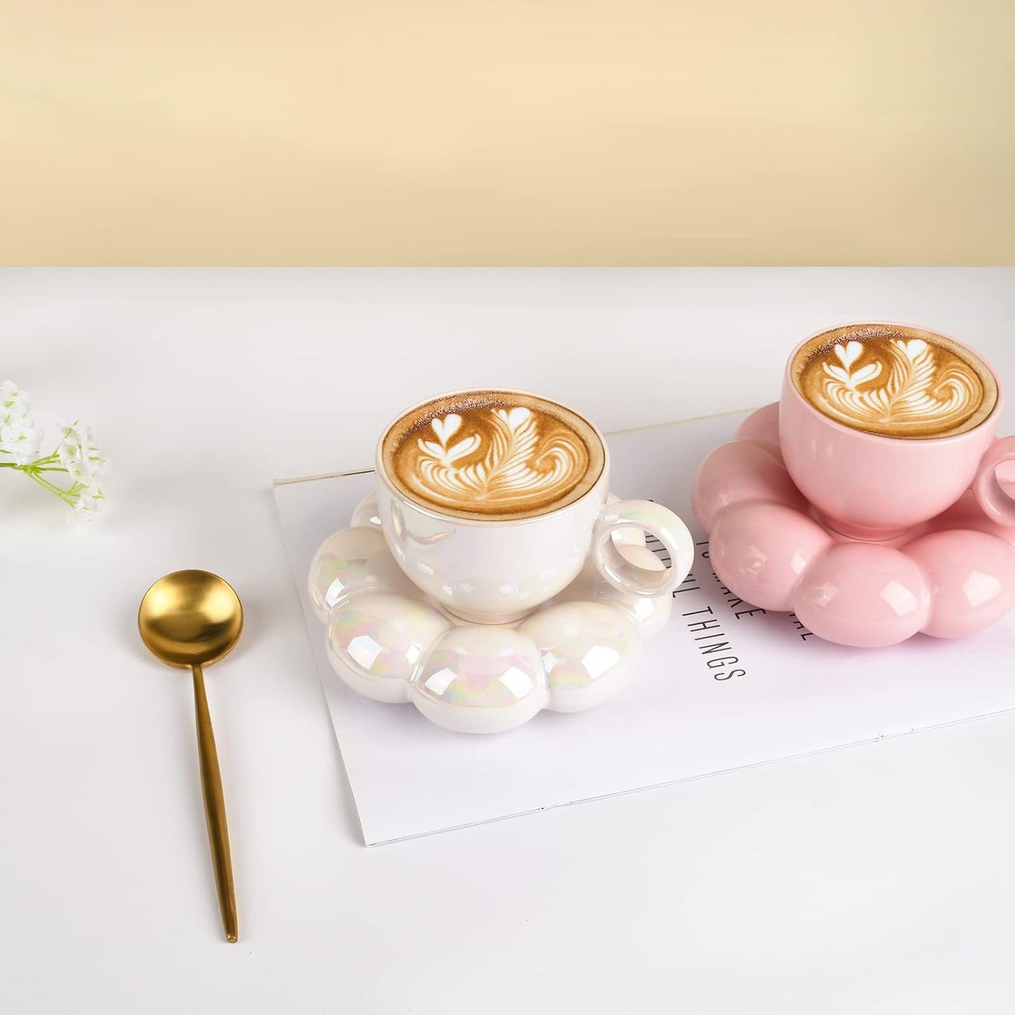 Koythin 4 Pieces Ceramic Sunflower Mug Saucer Set, Creative Cute Cup with Cloud Coaster, 6.5 oz/200 ml Aesthetic Mugs for Tea Latte Milk (4 Pearl White)