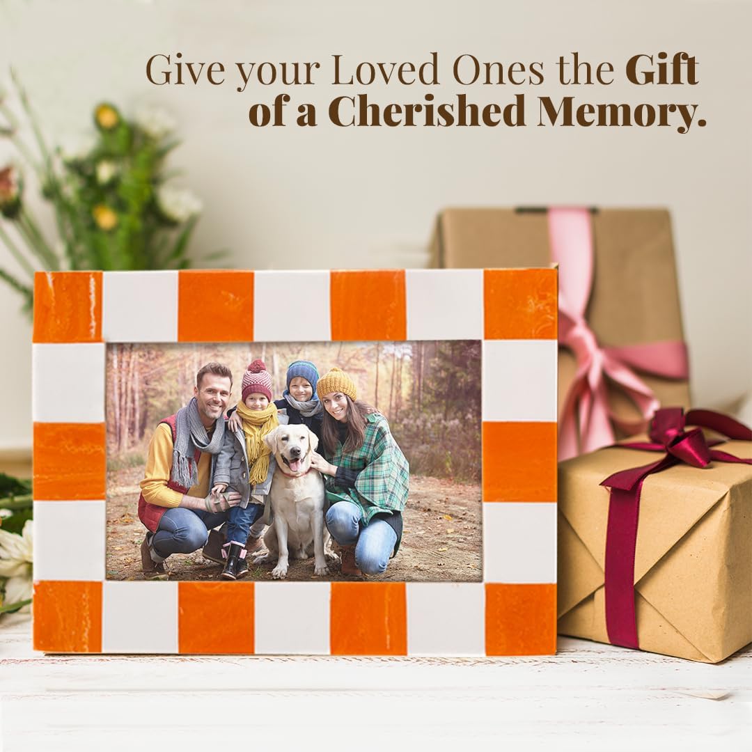 Folkulture Picture Frame | Stylish Marble Resin Unique 4x6 Photo Frame | Modern Wall Decor - Aesthetic Birthday Gift | Fall Orange & White Creative Photo Frame | Boho Living Room Home Decor