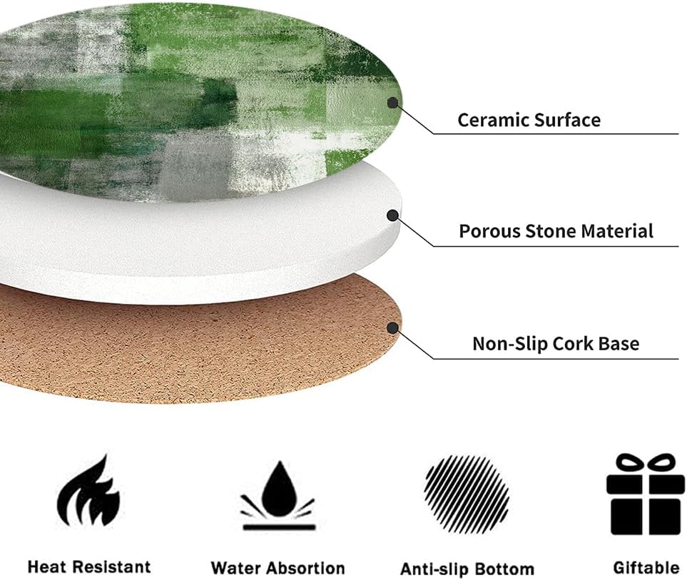 LOKMU Coasters for Drinks,Round Absorbent Ceramic Stone Coaster Sets of 6 with Metal Holder Stand,Green and Grey Abstract Art Coasters with Cork Base for Coffee Wooden Table,Housewarming Gifts