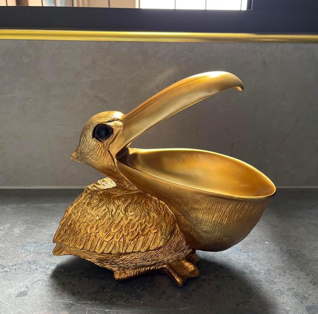 Creative Resin Statues The Pelican Statue Birds Figurines,Cell Phone and Keys Holder Adornments for Home & Office Desk Decor 8.1" inches (Gold)