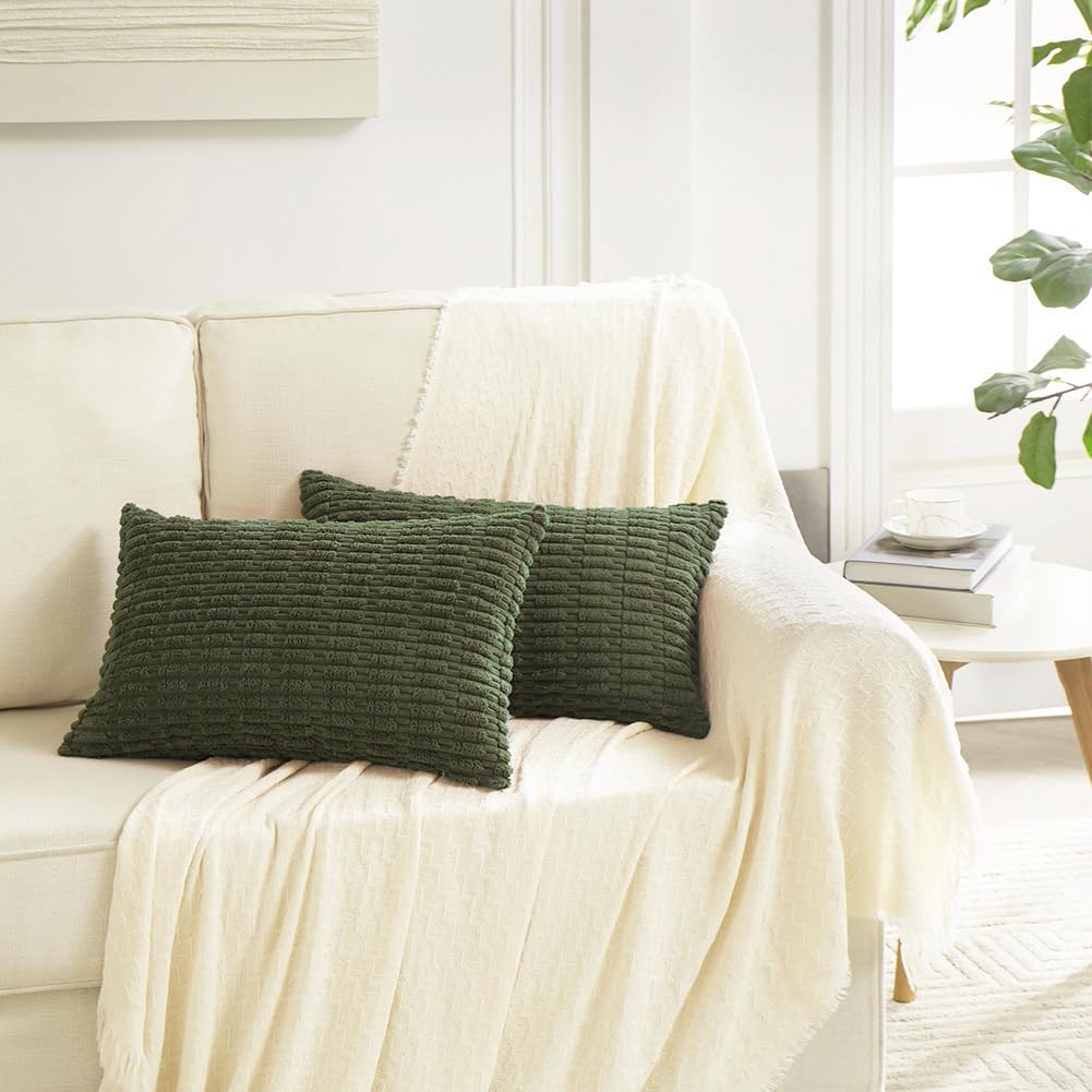 Fancy Homi Boho Olive Green Decorative Throw Pillow Covers 12x20 Inch for Couch Bed Sofa, Rustic Modern Farmhouse Home Decor, Soft Plush Corduroy Cute Square Cushion Case 30x50 cm