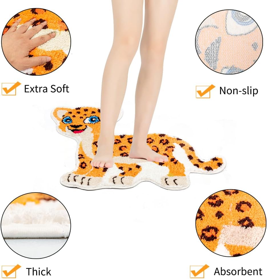 Fun Gold Leopard Bath Mat for Bathroom, Cute Leopard Cartoon Bath Rugs Non Slip Animal Shaped Absorbent Preppy Bathtub Rug Bathroom Decor Aesthetic Plush Shower Rugs Machine Washable 23.6x39.3in