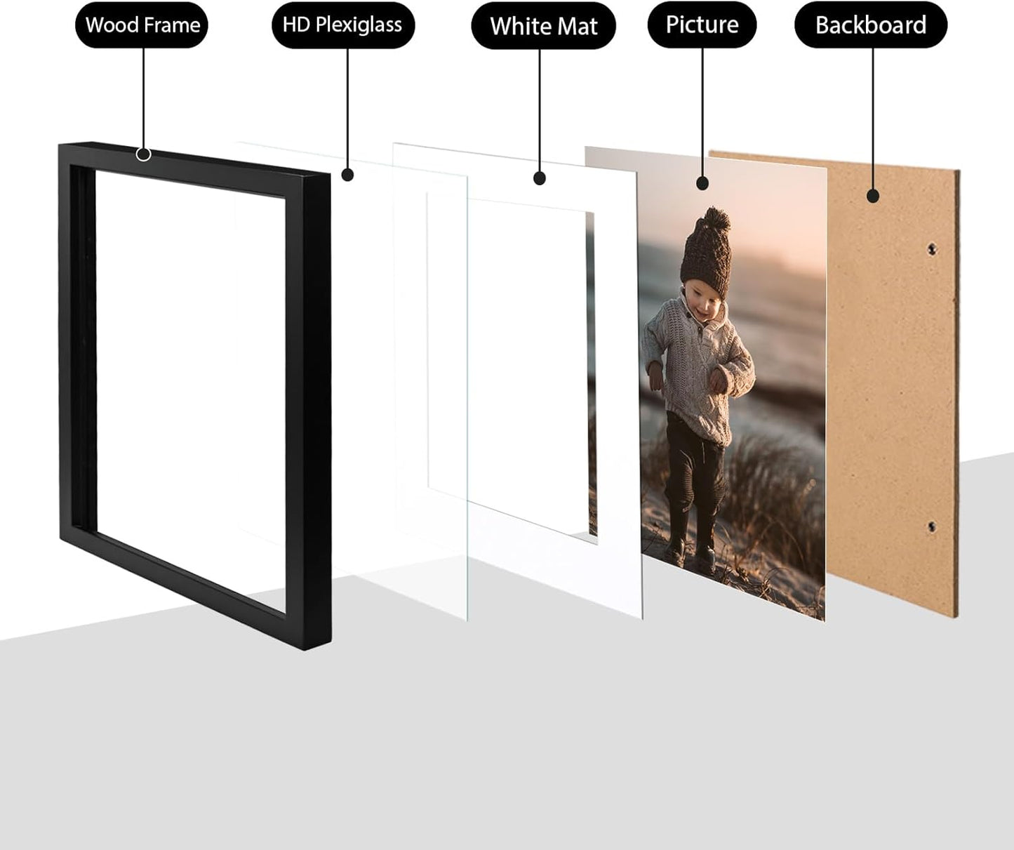 KINLINK 12x12 Picture Frame, Black Square Solid Wood Frames for Pictures 8x8 with Mat or 12x12 without Mat, Wall Display Photo Frames Black 4 Pack