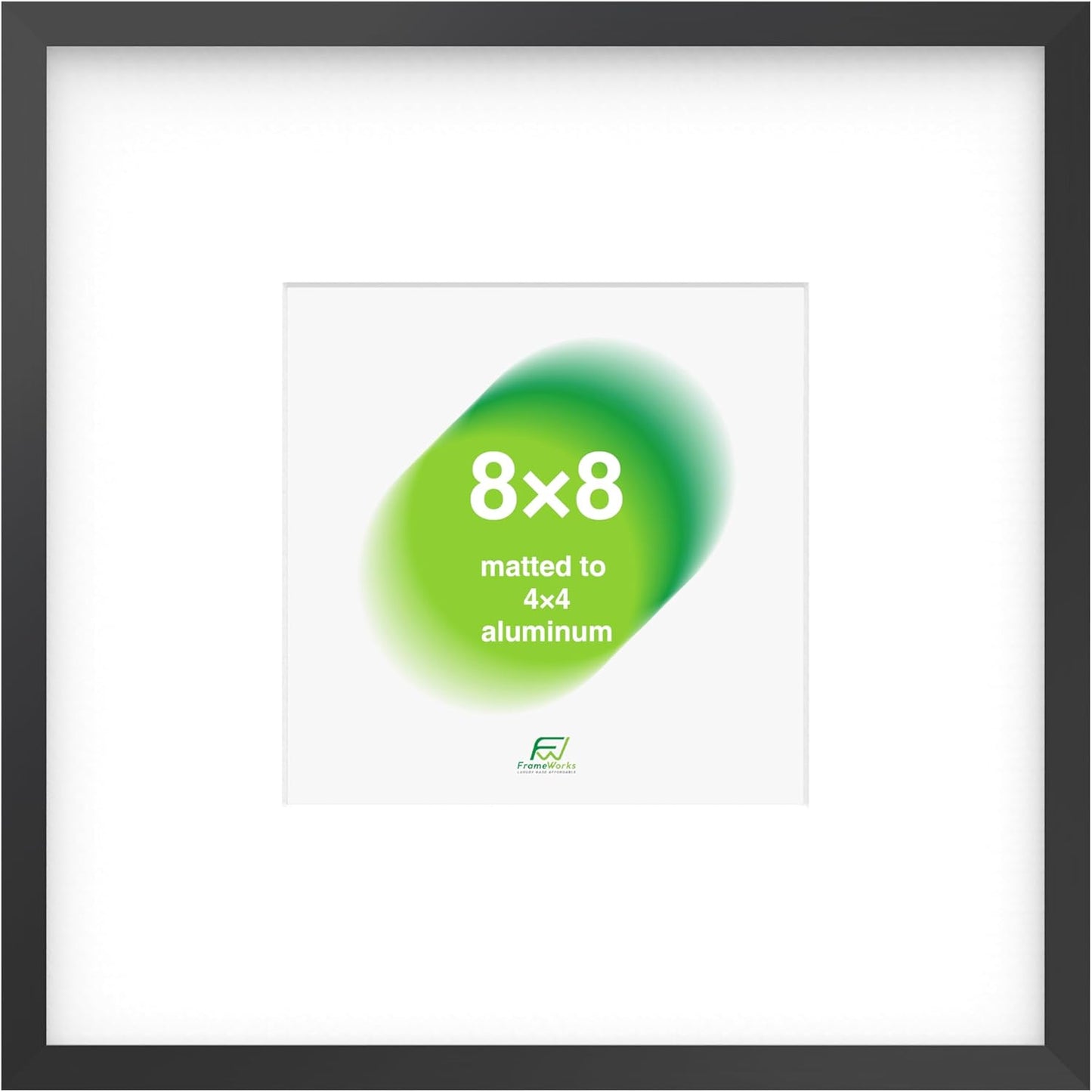 FrameWorks 8x8 Matted to 4x4 Picture Frame – Aluminum Frame w/Tempered Glass, Removable Mat for Photos, Posters, Art, Stylish Wall Frame for Home Decor, Gallery Walls, Office, Living Room - Black