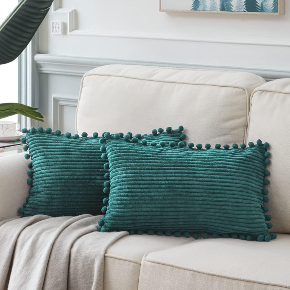 Fancy Homi Pack of 2 Teal Decorative Throw Pillow Covers 12x20 Inch with Pom-poms for Living Room Couch Sofa Bedroom, Soft Corduroy Solid Lumbar Cushion Case 30x50 cm, Rustic Farmhouse Home Decor
