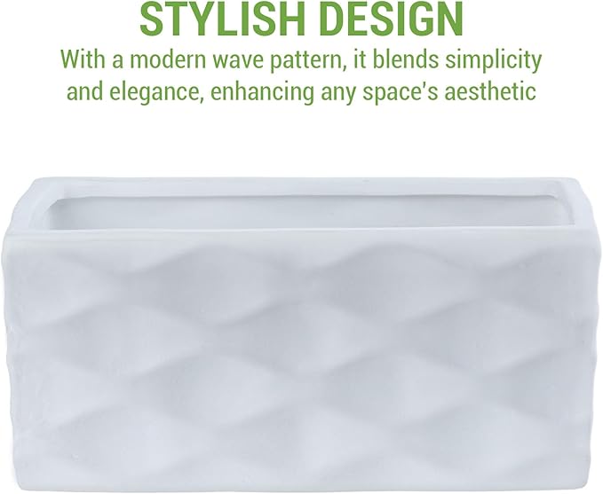 MyGift Modern Wave Pattern White Ceramic Rectangular Planter Pot - Decorative Indoor Flower Container for Home, Office, Patio, and Garden, 8-Inch