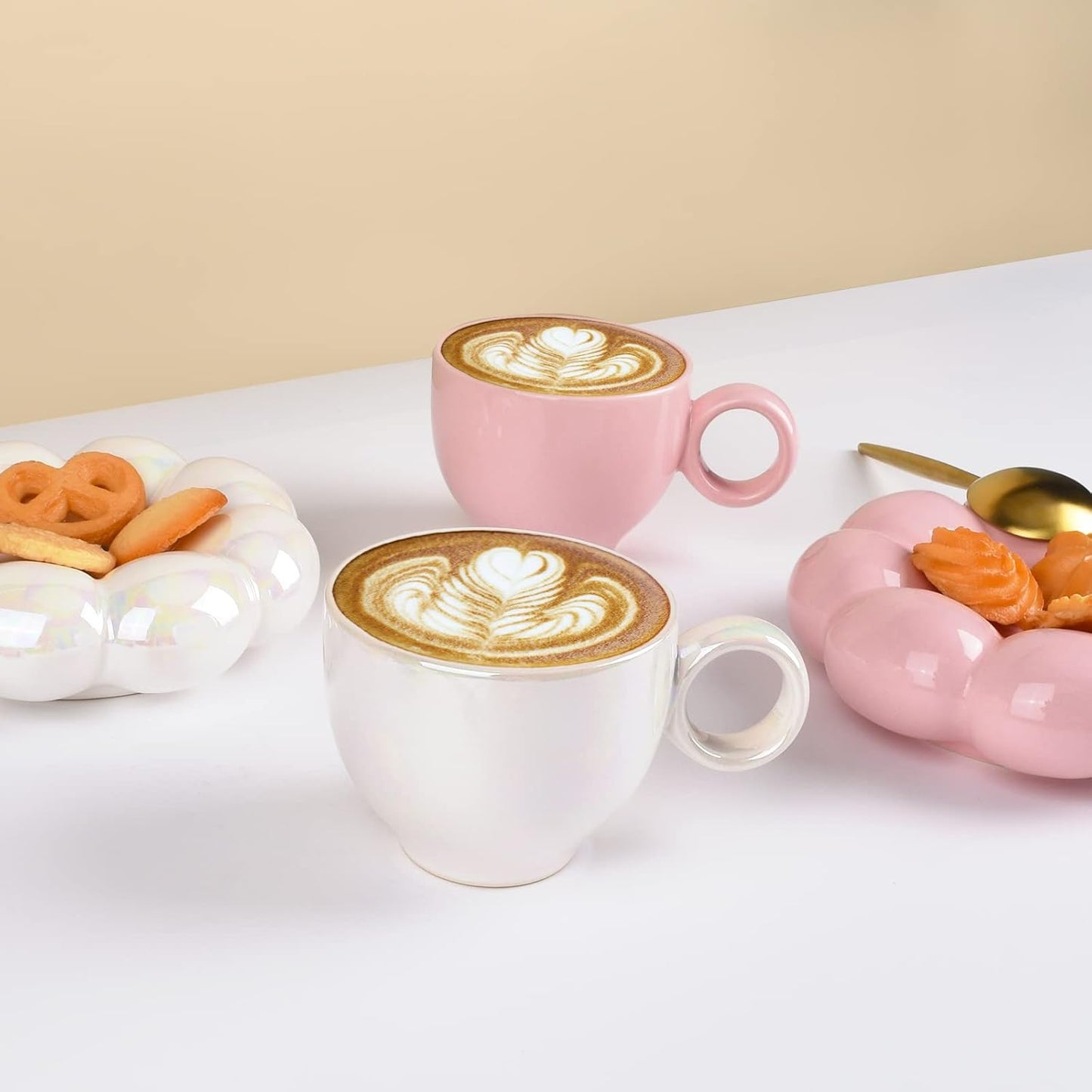 Koythin 4 Pieces Ceramic Sunflower Mug Saucer Set, Creative Cute Cup with Cloud Coaster, 6.5 oz/200 ml Aesthetic Mugs for Tea Latte Milk (4 Pearl White)