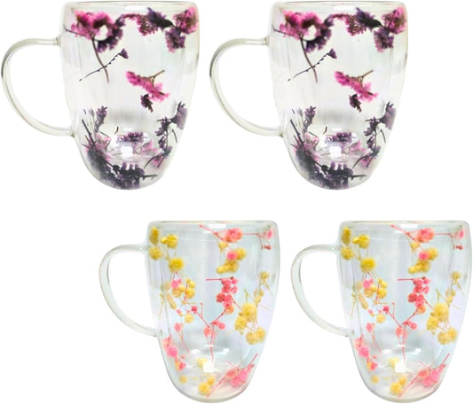 Gusto Buono 11oz Borosilicate Double Glass Mug, 2x Pink White and 2x Purple Dried Flowers, Set of 4, Designed in Italy