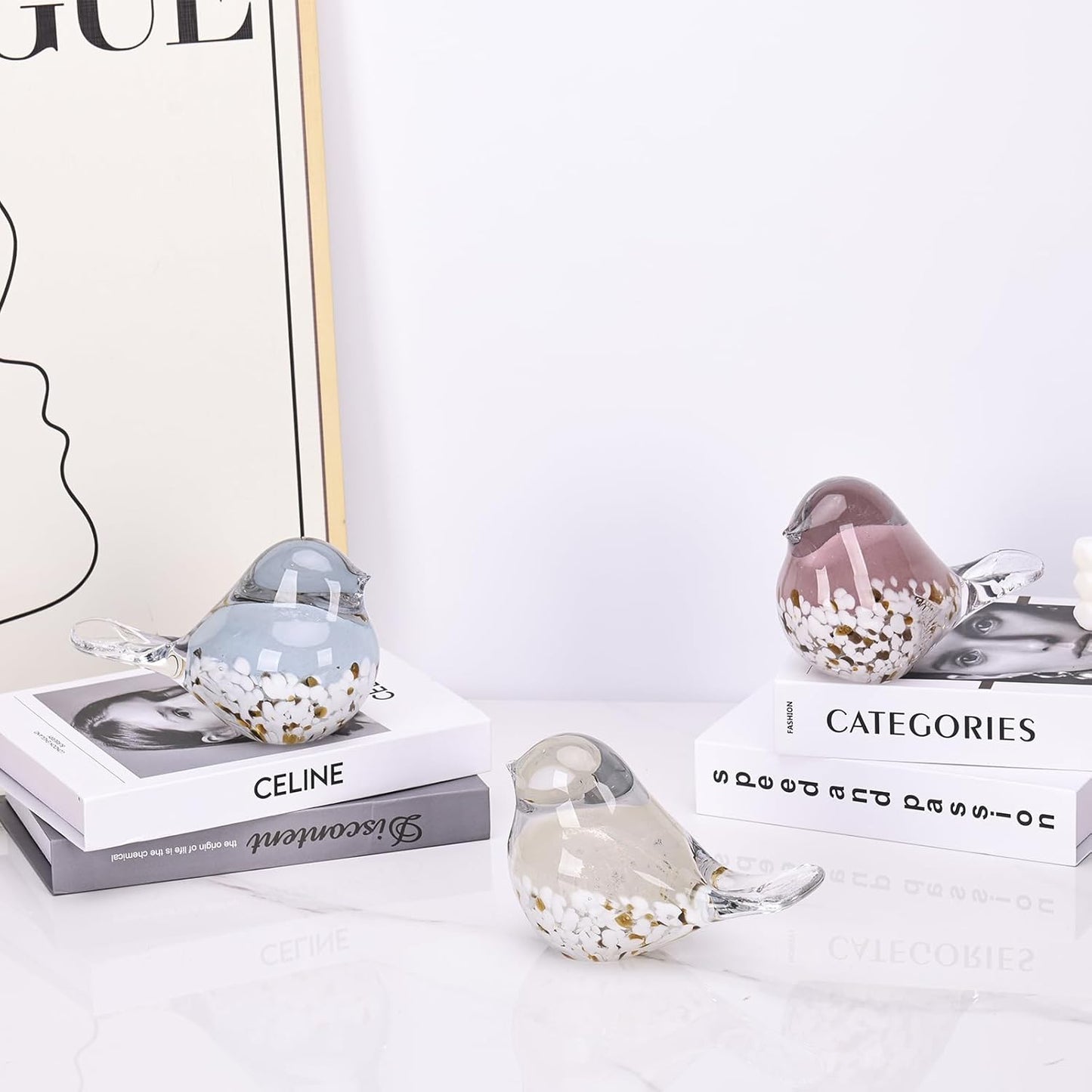 DOVDOV Hand Blown Glass Bird Statue Home Decor, Small Pink Glass Art Bird Sculpture for Office Desktop, Dresser entryway Decorative Ornament and Paperweight.