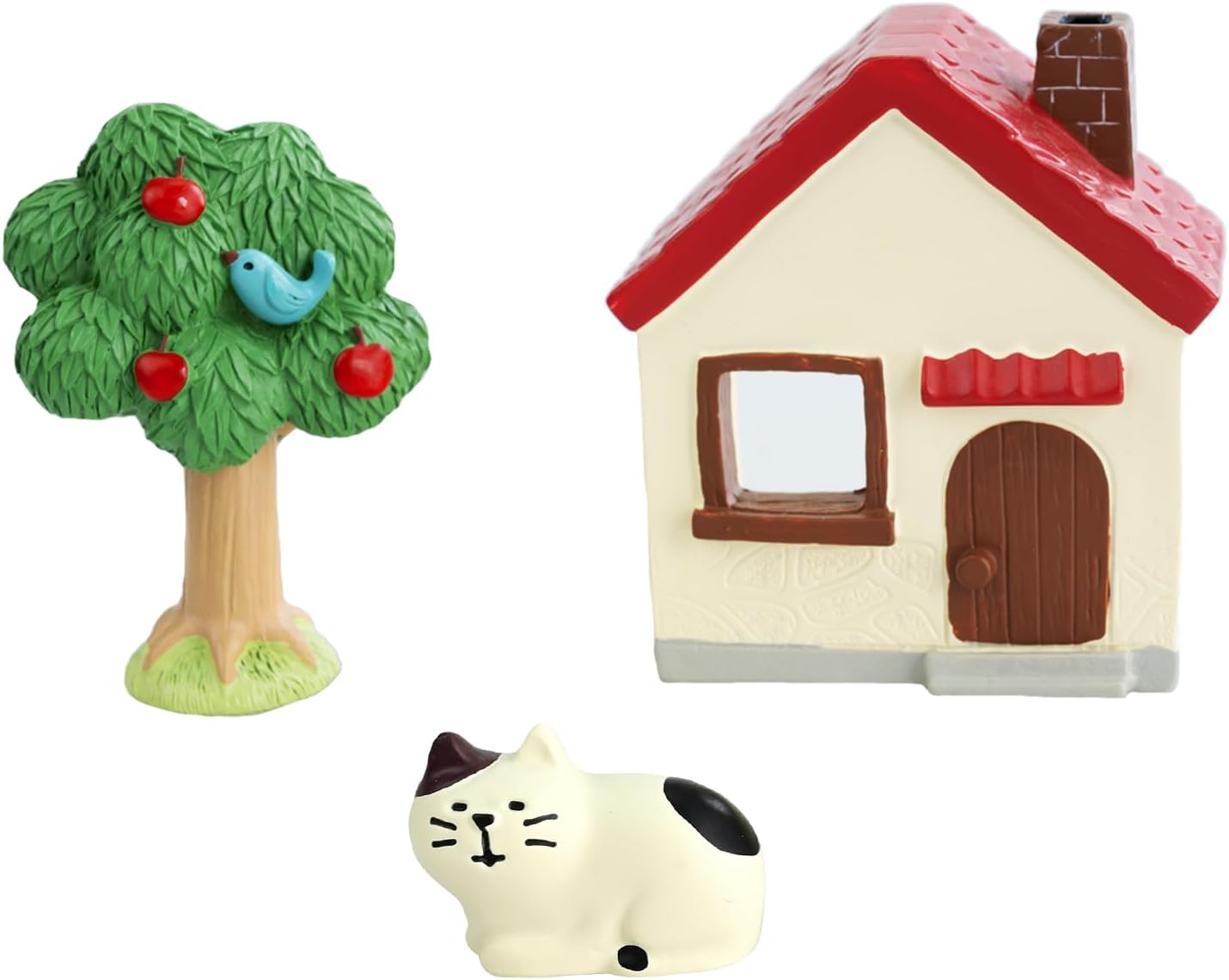 Mini Cat Cottage Decor Set - Resin House with Apple Tree and Kitten Figurine, Cute Desk Ornaments for Home Office Shelf Decor, Unique Gift for Cat Lovers