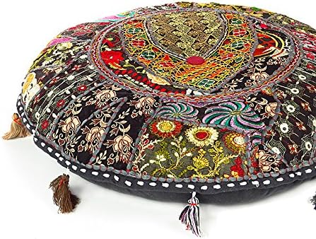 Eyes of India - 22" Black Patchwork Round Colorful Decorative Floor Pillow Cover Meditation Cushion Seating Throw Bohemian Accent Boho Chic Indian Handmade Cover ONLY