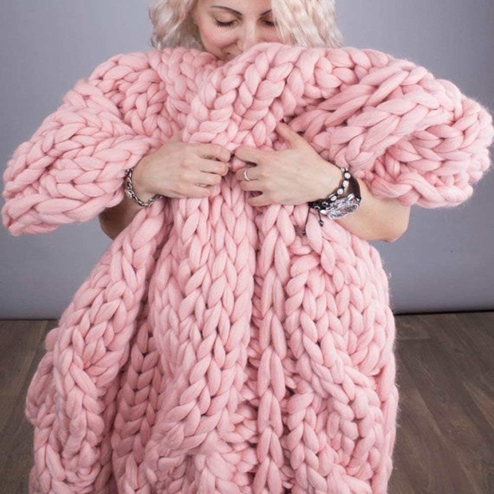 Knit Chunky Blanket Giant Throw Merino Wool Yarn Hand Made Bed Sofa Chair Mat(Pink 40"x60")