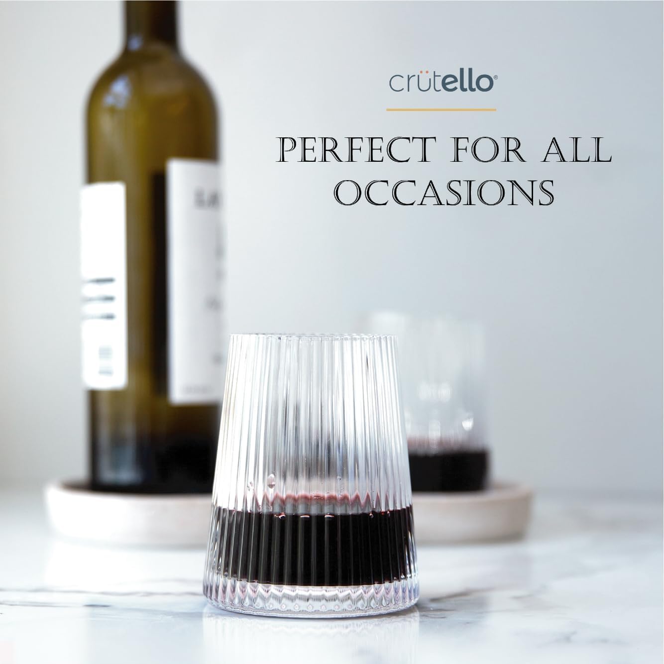 Crutello Modern Wine Glasses 12 oz Stemless, Set of 4, Unique Fluted Glassware with Vintage Ripple Texture, Art Deco Red or White Wine Fancy Glasses