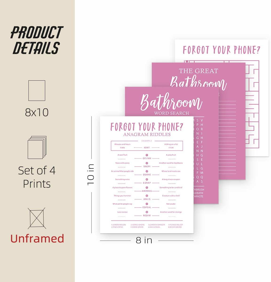 ETVISO Funny Pink Bathroom Decor Wall Art Set of 4, Funny Crossword Puzzle Wall Art, Funny Forget Your Phone, Bathroom Word Search Wall Decor, 8x10 (Unframed)