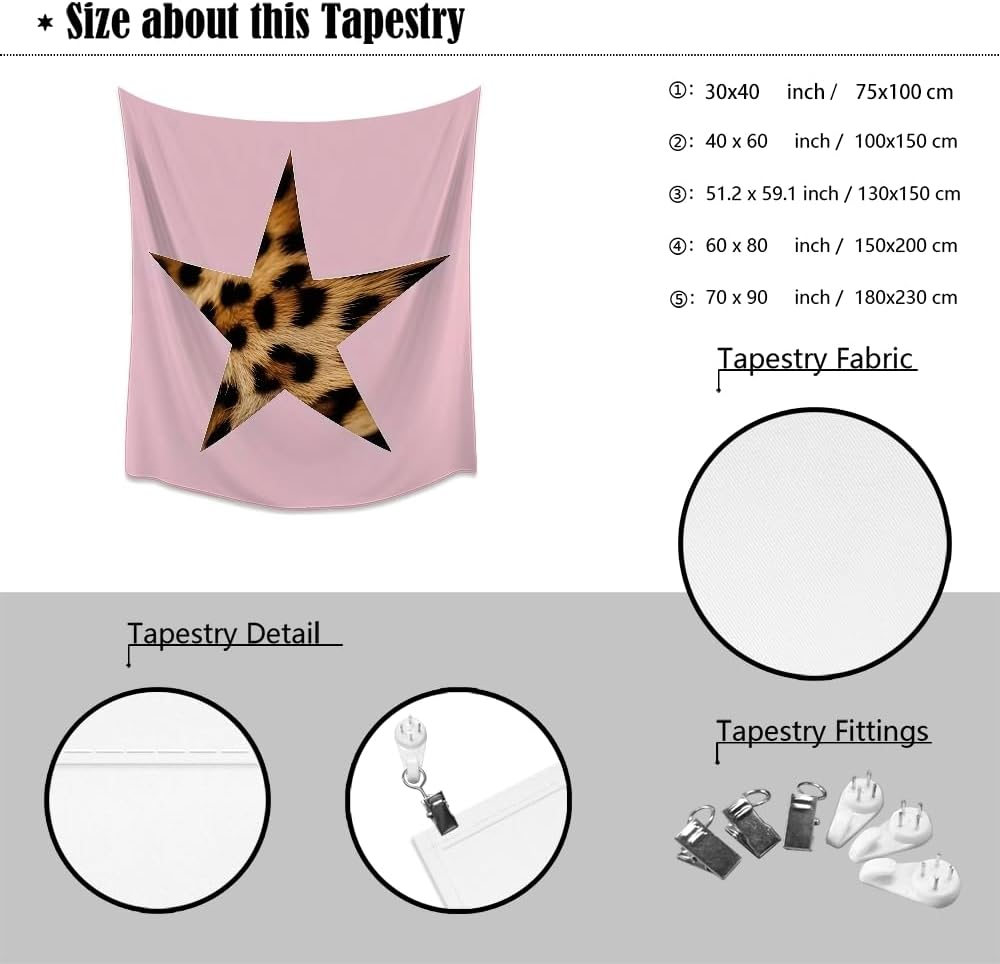 Medpol Pink Leopard Star Tapestry, Boho Chic Fashion Wall Hanging Trendy Animal Print Star Decor Tapestries Stylish Pink Aesthetic Wall Art for Bedroom Living Room 40x60inch