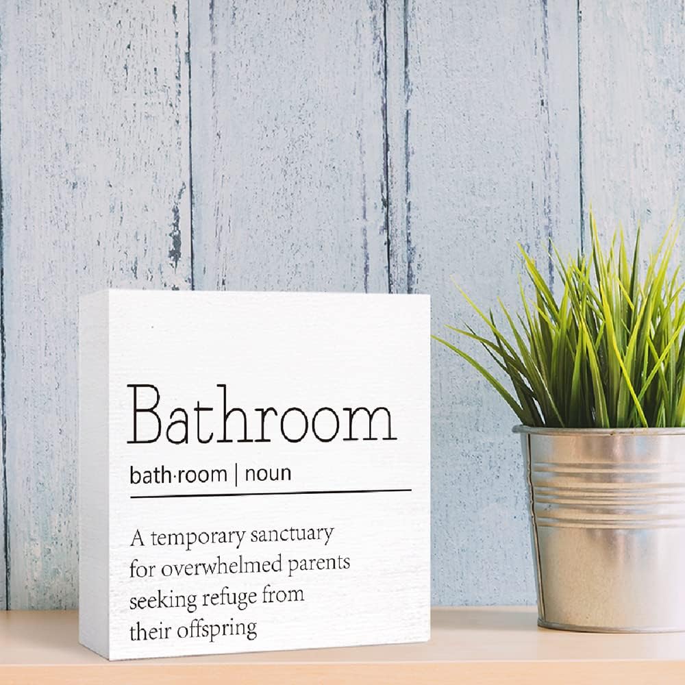 Funny Wood Sign for Bathroom & Toilet, Restroom Decor - Farmhouse Wooden Block Sign
