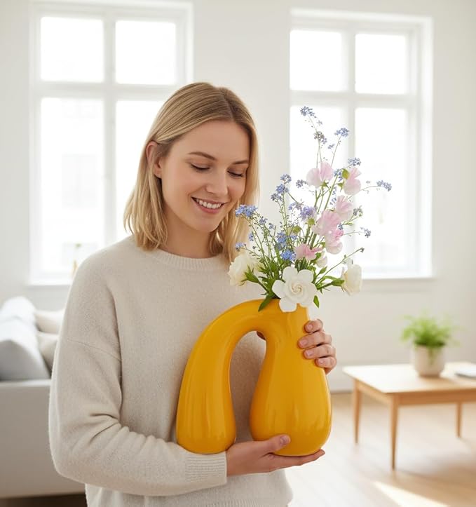 Yellow Ceramic Decorative Pitcher Vase, 7.5 in – Glossy Sculptural Arch-Handle, Modern Home Décor Accent for Fresh or Dried Floral Arrangements, Table/Shelf/Entryway, Giftable