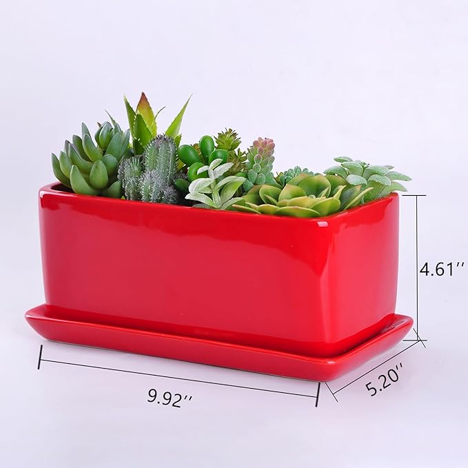 VanEnjoy 10 Inch Red Rectangle Ceramic Succulent Planter Pot Decorative Cactus Plant Pot Flower Container with Ceramic Tray