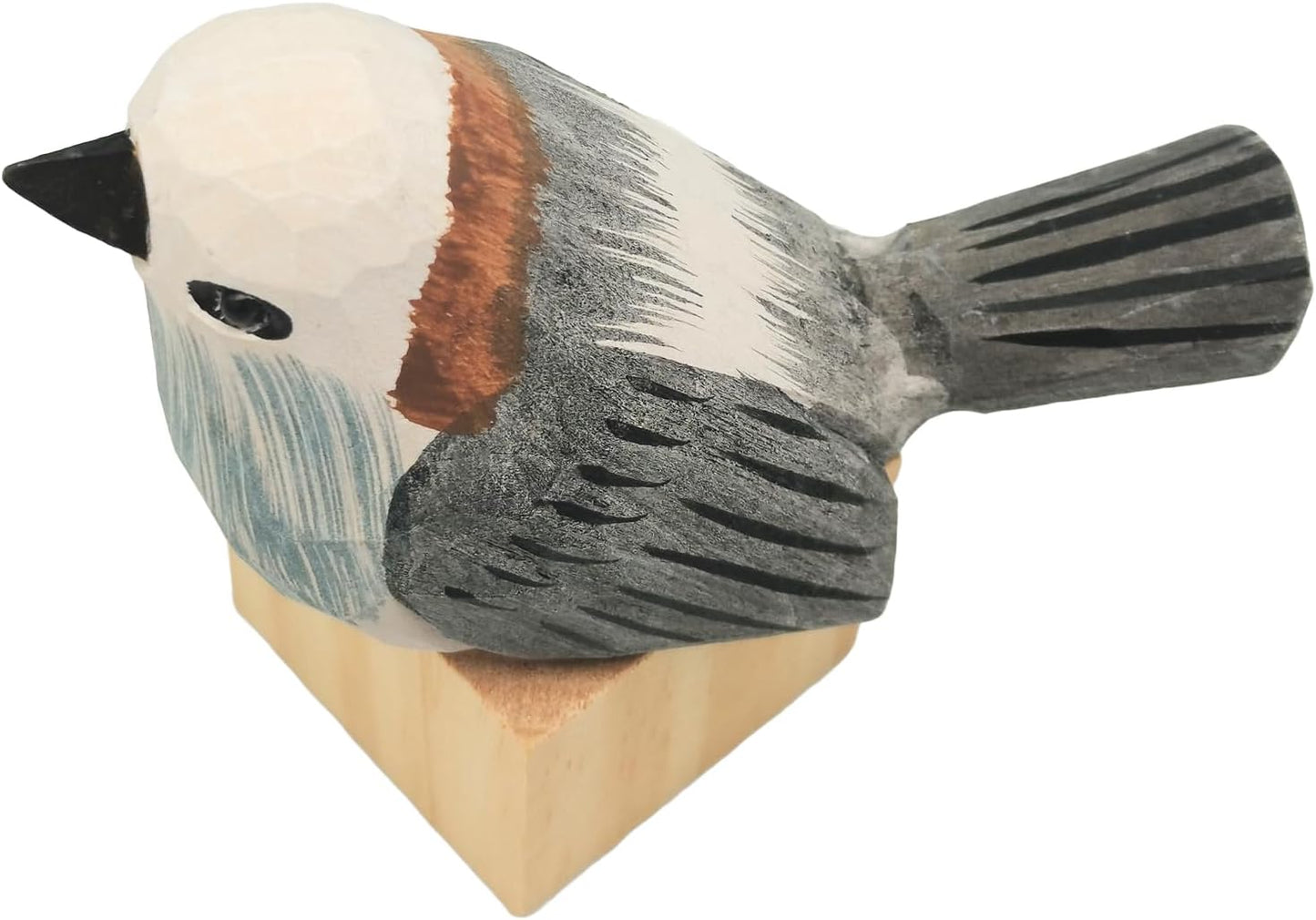 DIYOMR Hand Carved Wooden Bird Sculpture, Art Animal Statue with Wood Block, Vivid Long-tailed Tit for Gift & Home Decor