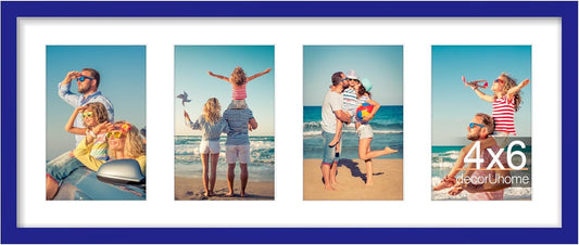 decorUhome 8x20 Picture Frames Collage Wall Decor, Display 4Pcs 4x6 Photos with Mat or 1Pcs 8x20 Unmatted, 4 4x6 Collage Picture Frames for Wall Mounting, Royal Blue