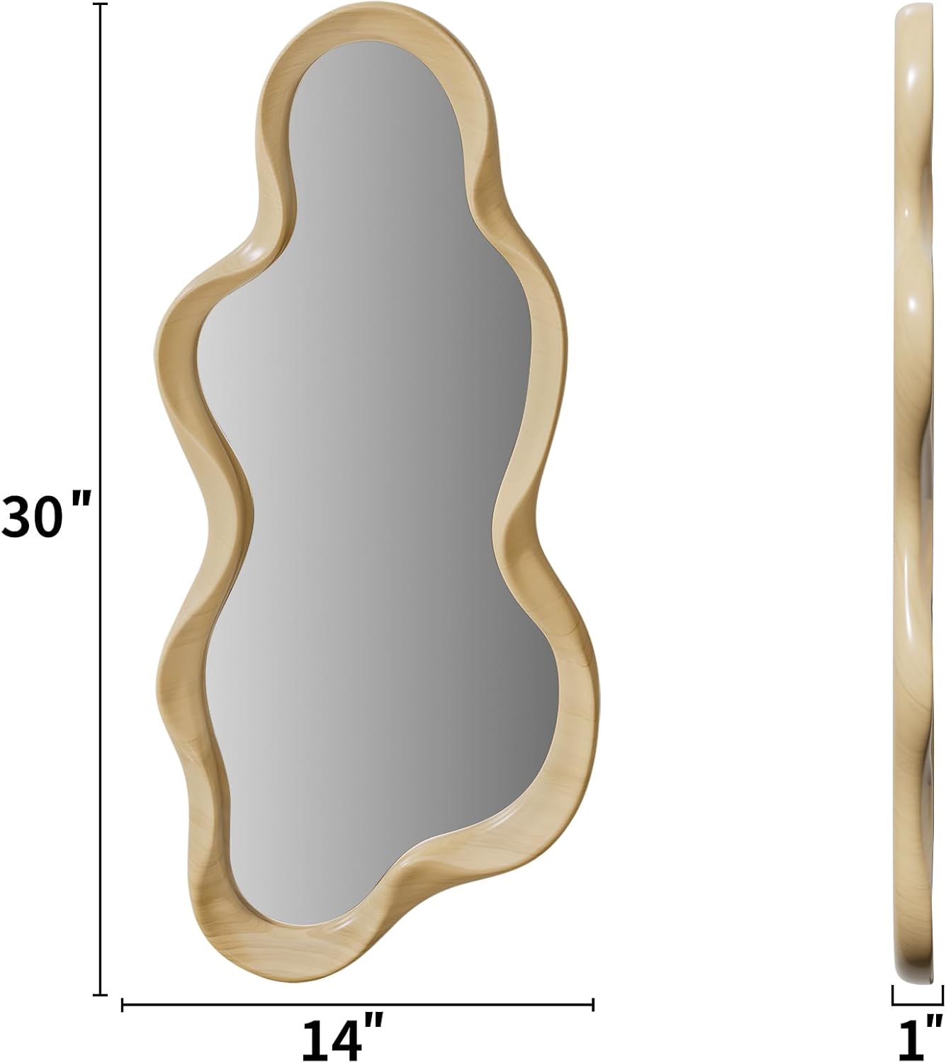 Irregular Wall Mirror, Wooden Framed Wall Asymmetrical Wavy Wall Mirror for Living Room Bedroom Entryway Bathroom Modern Decorative with Hanging Hooks 30x14 Inch