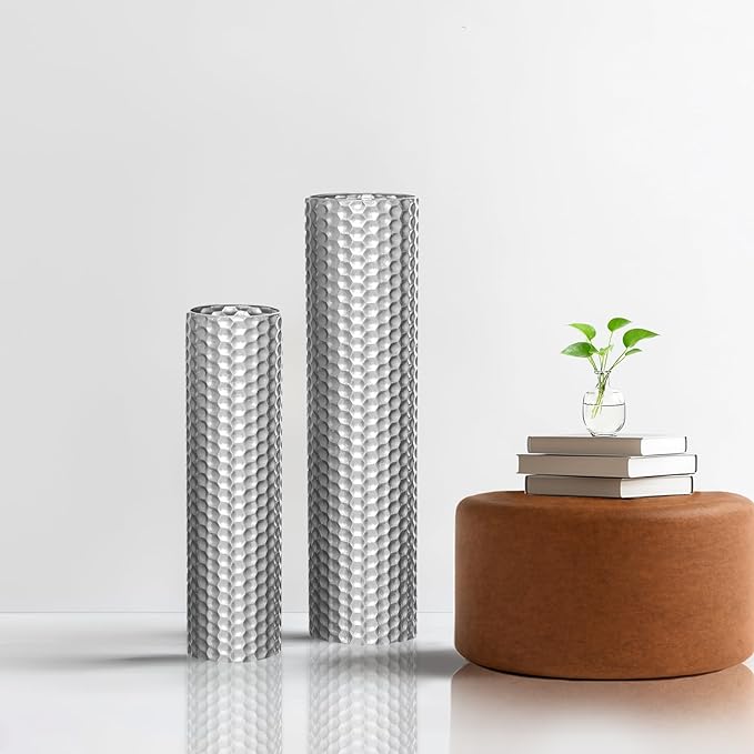 Sziqiqi Silver Tall Floor Vase: 27.6/21.7in Metal Cylinder Vases Extra Large Decorative Vase Set of 2 Living Room Modern Honeycomb Texture Big Standing Decor for Dining Bedroom Home Corner Indoor