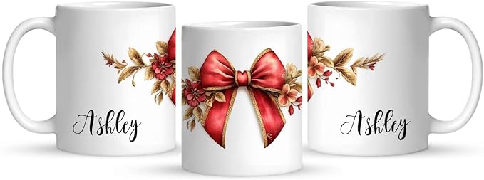 1PCS Custom Unique Name Coffee Mug, Elegant Floral Bow Full Wrap Mug, Personalized Festive Themed White Cup, Custom Gift for Christmas, Vibrant Bow Ceramic Cup for Friends