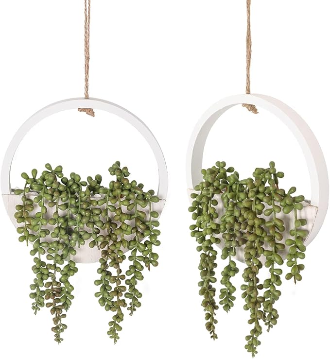 Floweroyal 2pcs Artificial Succulents Hanging Plants 12.2'' Fake String of Pearls in Pot with 8.3'' Lanyard for Indoor Outdoor Wall Decor.