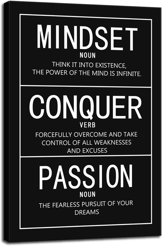 Inspirational Canvas Wall Art Mindset Noun Conquer Verb Passion Noun Picture Poster Wooden Artwork Motivational Entrepreneur Quote Painting for Office Bedroom Decor Framed [24" W x 36" H]